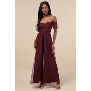 Lulus Regal Radiance Plum Purple Swiss Dot Mesh Wide-leg Jumpsuit - Size S